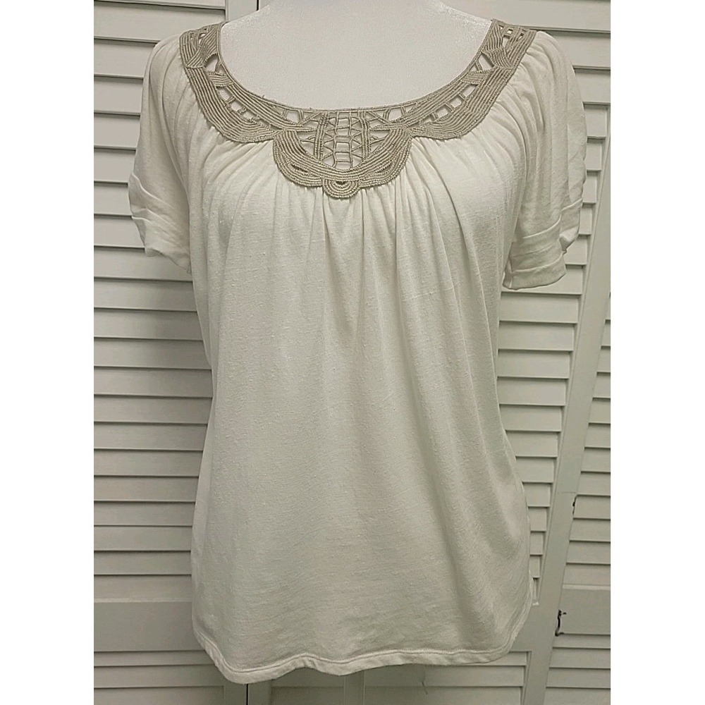 Fei Anthropologie Women's Top SZ S White Tan Lace Collar Cotton Lightweight EUC